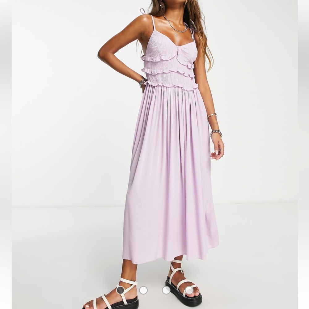 Topshop reconnected viscose shirred ruffle slip midi dress in lilac